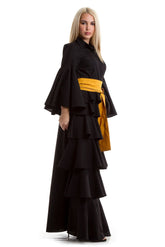Elegant Black Layered Dress with Wide Belt  | Karanesh